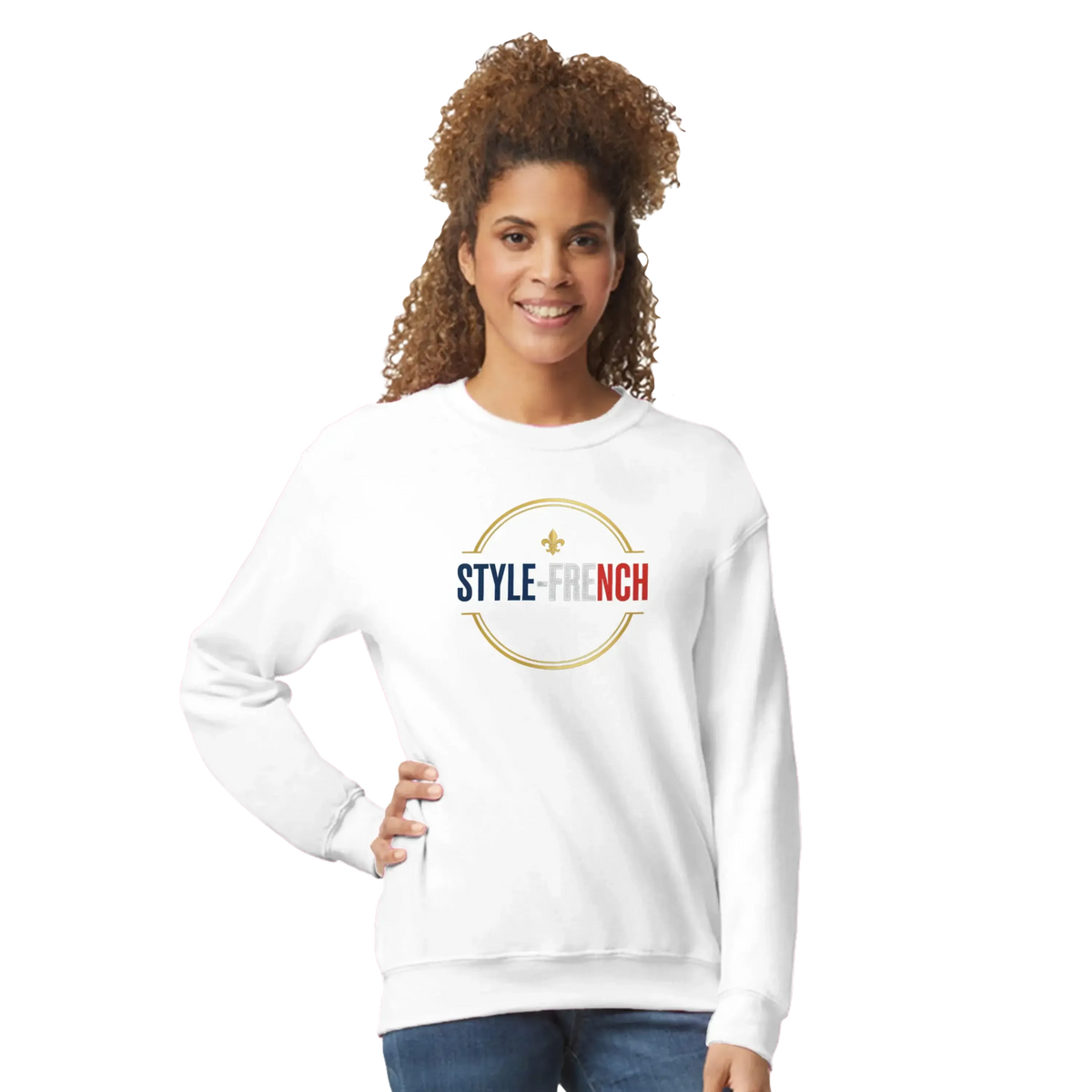 sweat-shirt femme classique Gildan 18000 avec design STYLE-FRENCH élégant en blanc