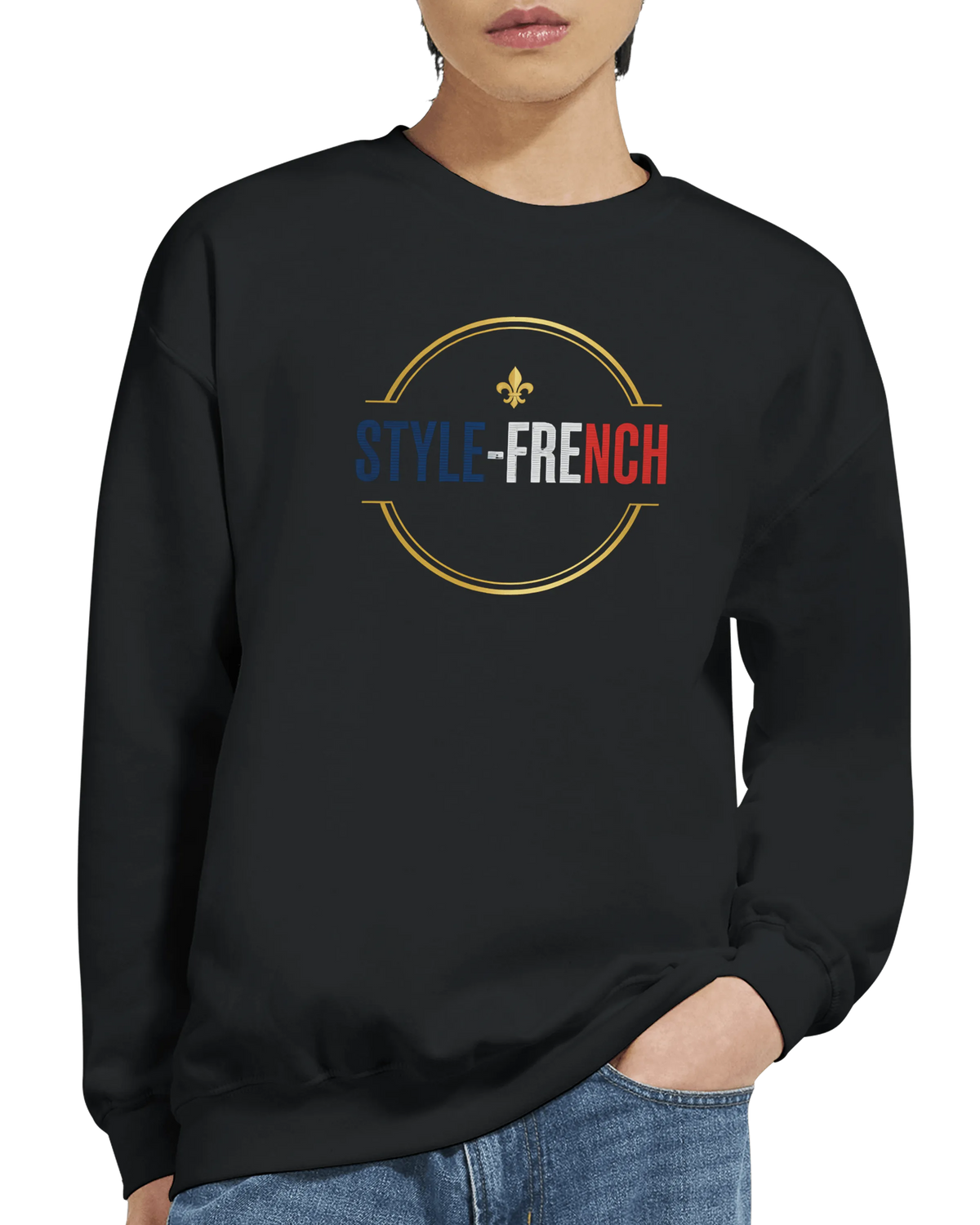 sweat-shirt homme confort premium avec logo STYLE-FRENCH sur fond noir classique