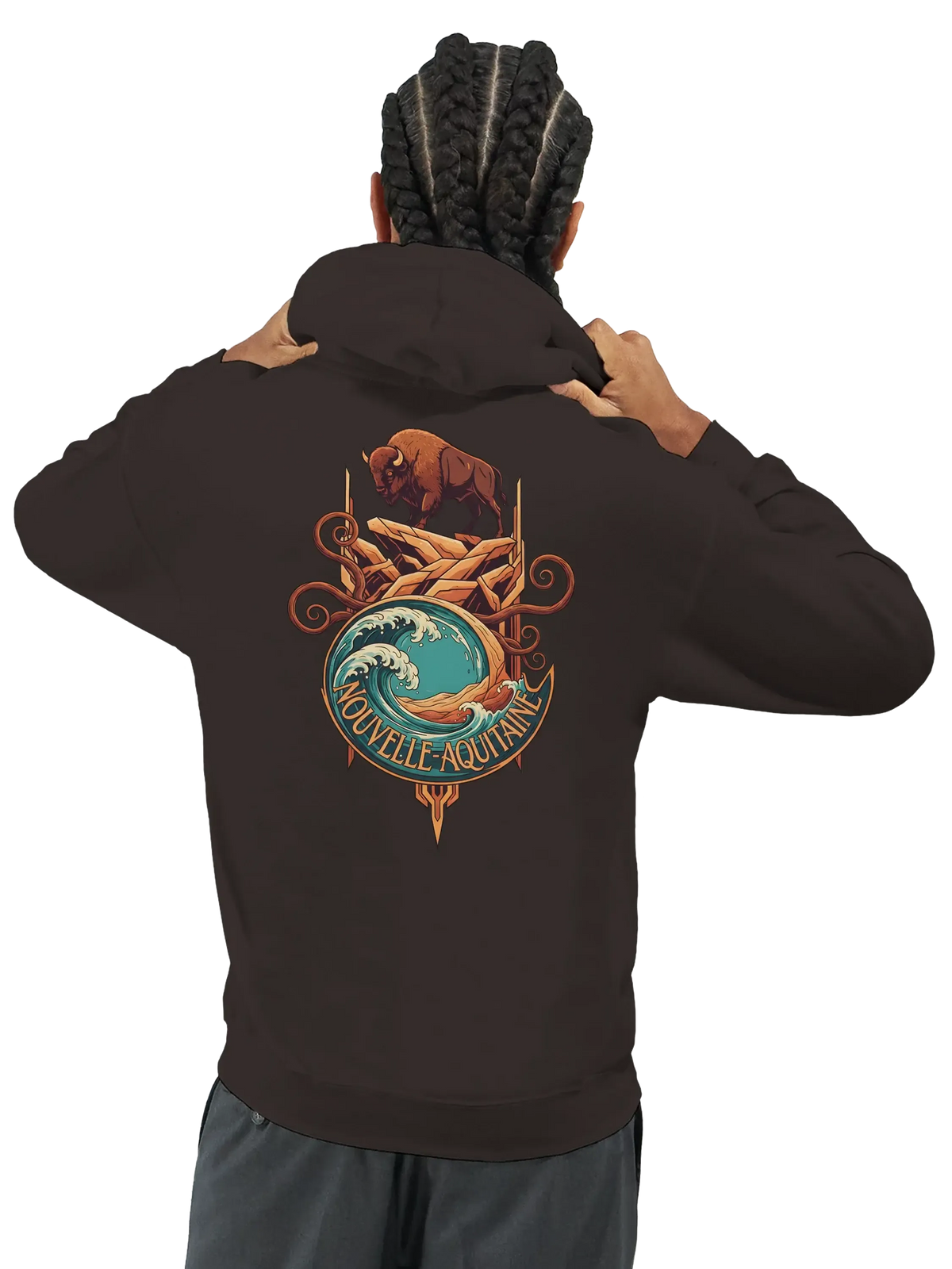 Sweatshirt à capuche qualité supérieure France avec motif ours et océan, célébrant la région Nouvelle-Aquitaine.