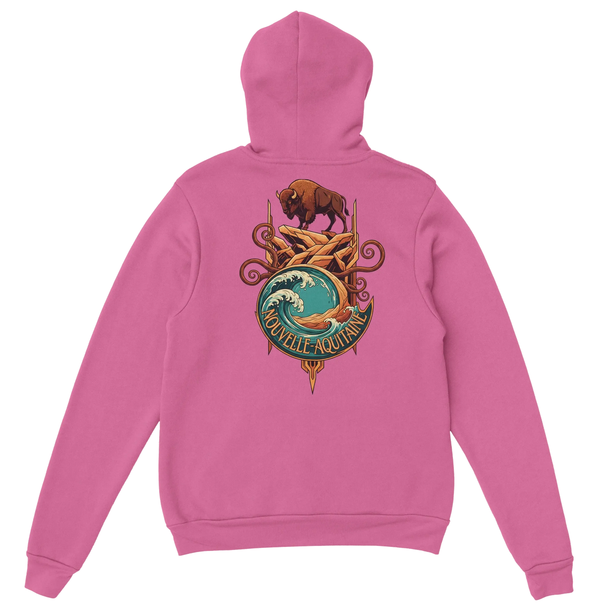 sweatshirt à capuche qualité supérieure France au design coloré Nouvelle-Aquitaine avec un bison et une vague.