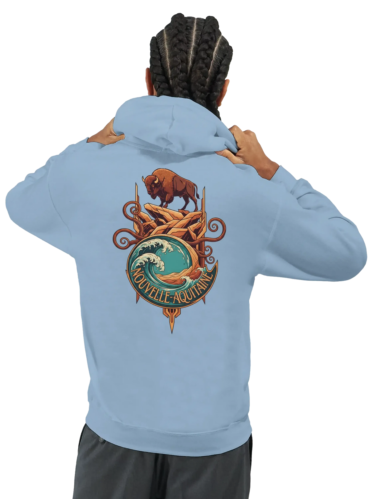 sweatshirt à capuche qualité supérieure France avec design Nouvelle-Aquitaine et bison au dos