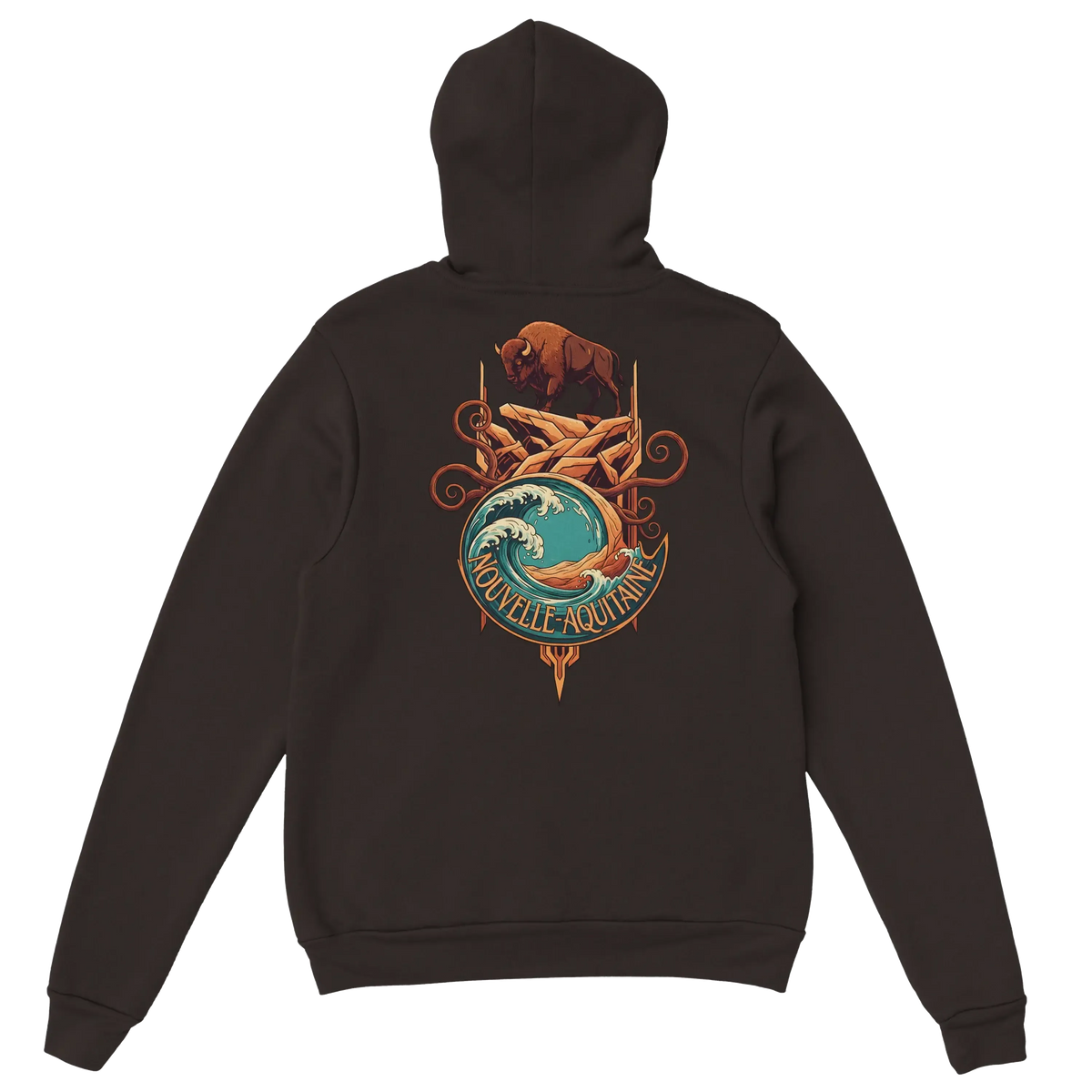 Sweatshirt à capuche qualité supérieure France avec motif ours et océan, célébrant la région Nouvelle-Aquitaine. Sweatshirt à capuche qualité supérieure France avec motif ours et océan, célébrant la région Nouvelle-Aquitaine.