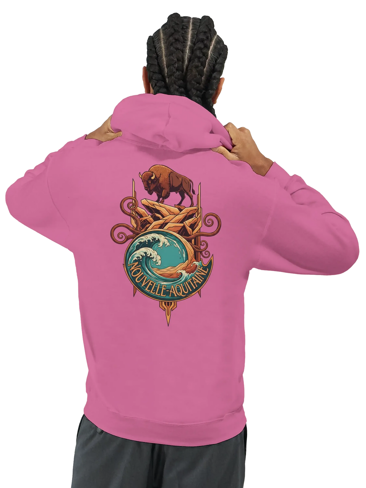 sweatshirt à capuche qualité supérieure France avec motif Nouvelle-Aquitaine et bison sur le dos.