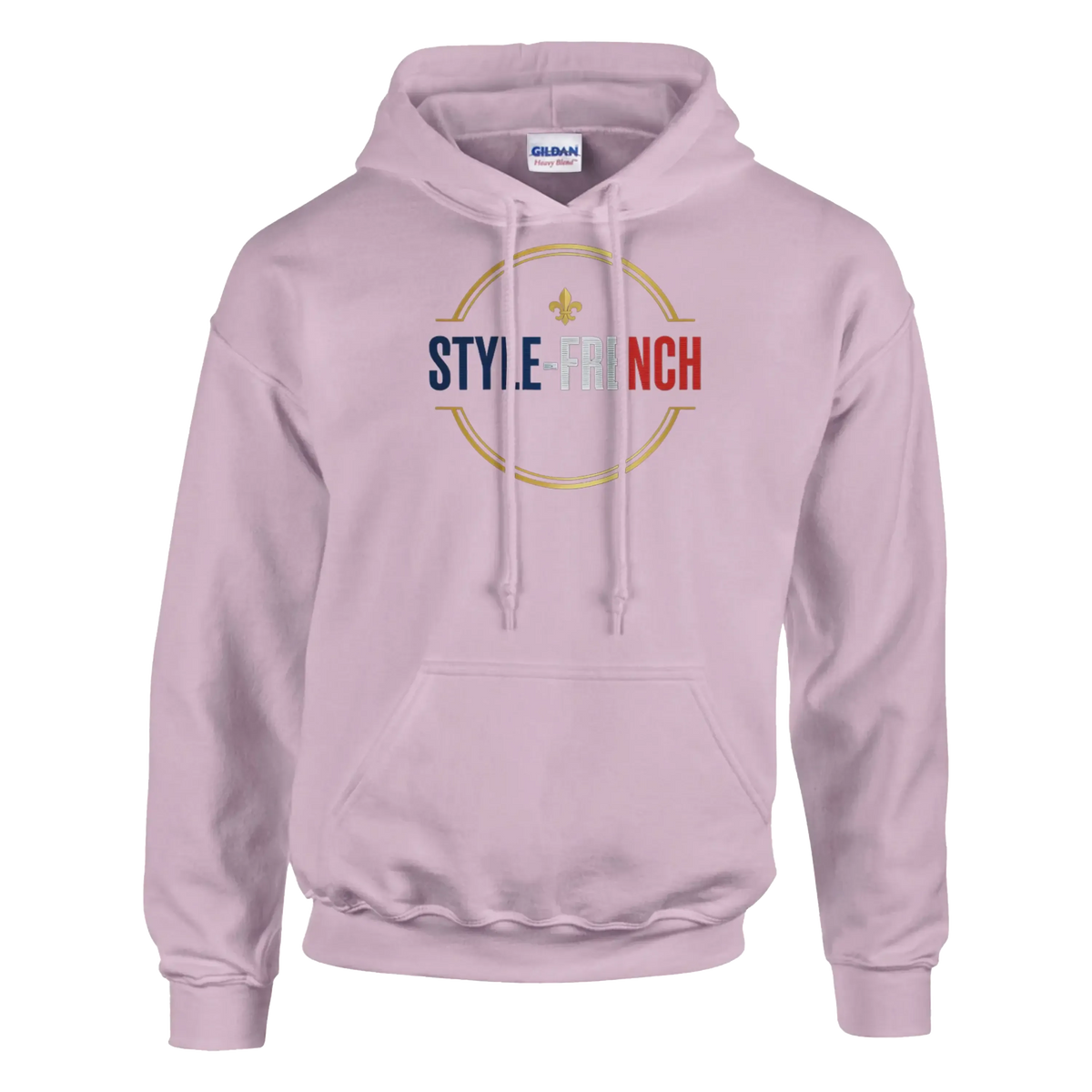 Sweatshirt à capuche qualité supérieure France avec design 'STYLE FRENCH' sur fond rose.