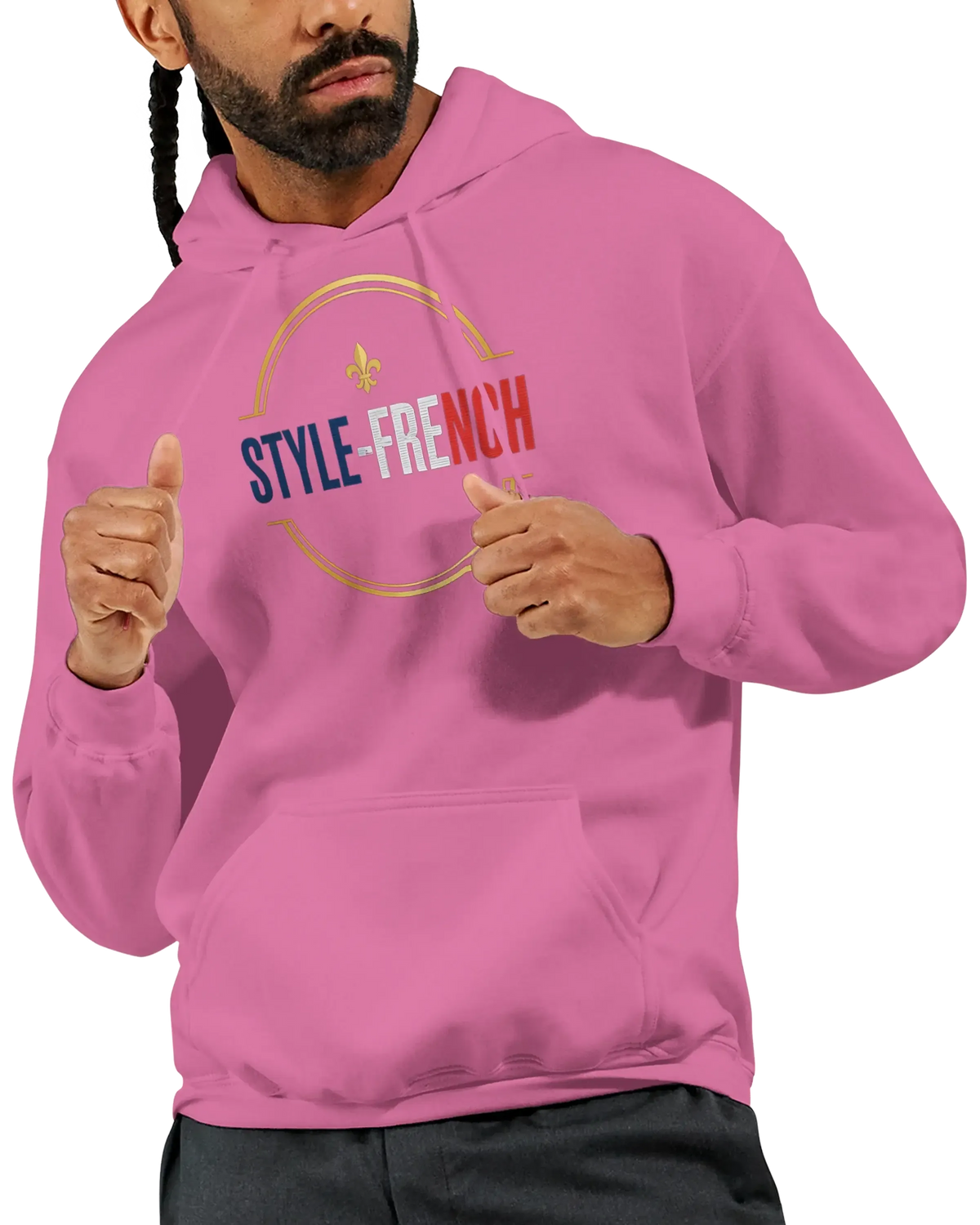 sweatshirt à capuche qualité supérieure France en couleur rose avec le texte STYLE-FRENCH