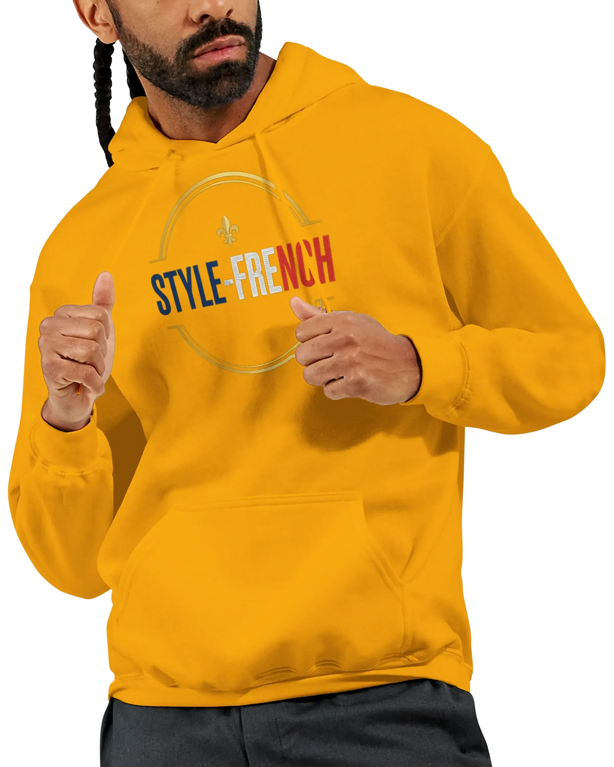 sweatshirt à capuche qualité supérieure France en couleur jaune avec impression STYLE-FRENCH