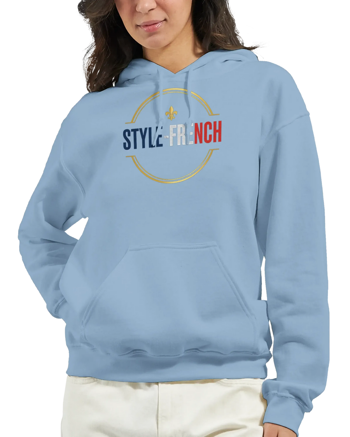 Modèle de sweatshirt à capuche qualité supérieure France, couleur bleue, mettant en valeur le style français.