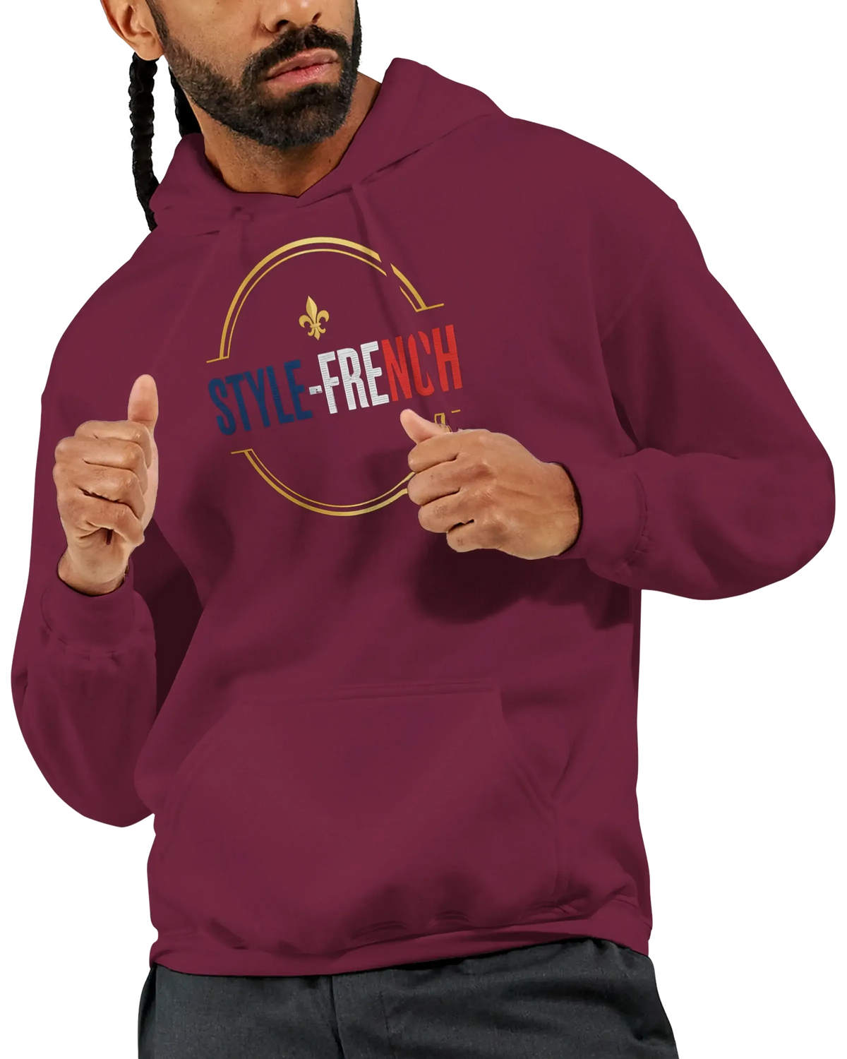 sweatshirt à capuche qualité supérieure France en couleur bordeaux avec design stylé
