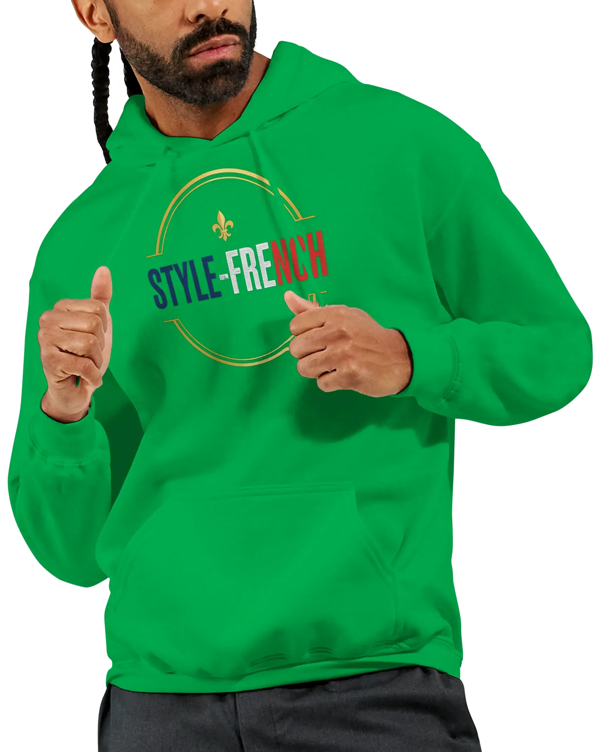 Sweatshirt à capuche qualité supérieure France en vert avec le texte STYLE-FRENCH.