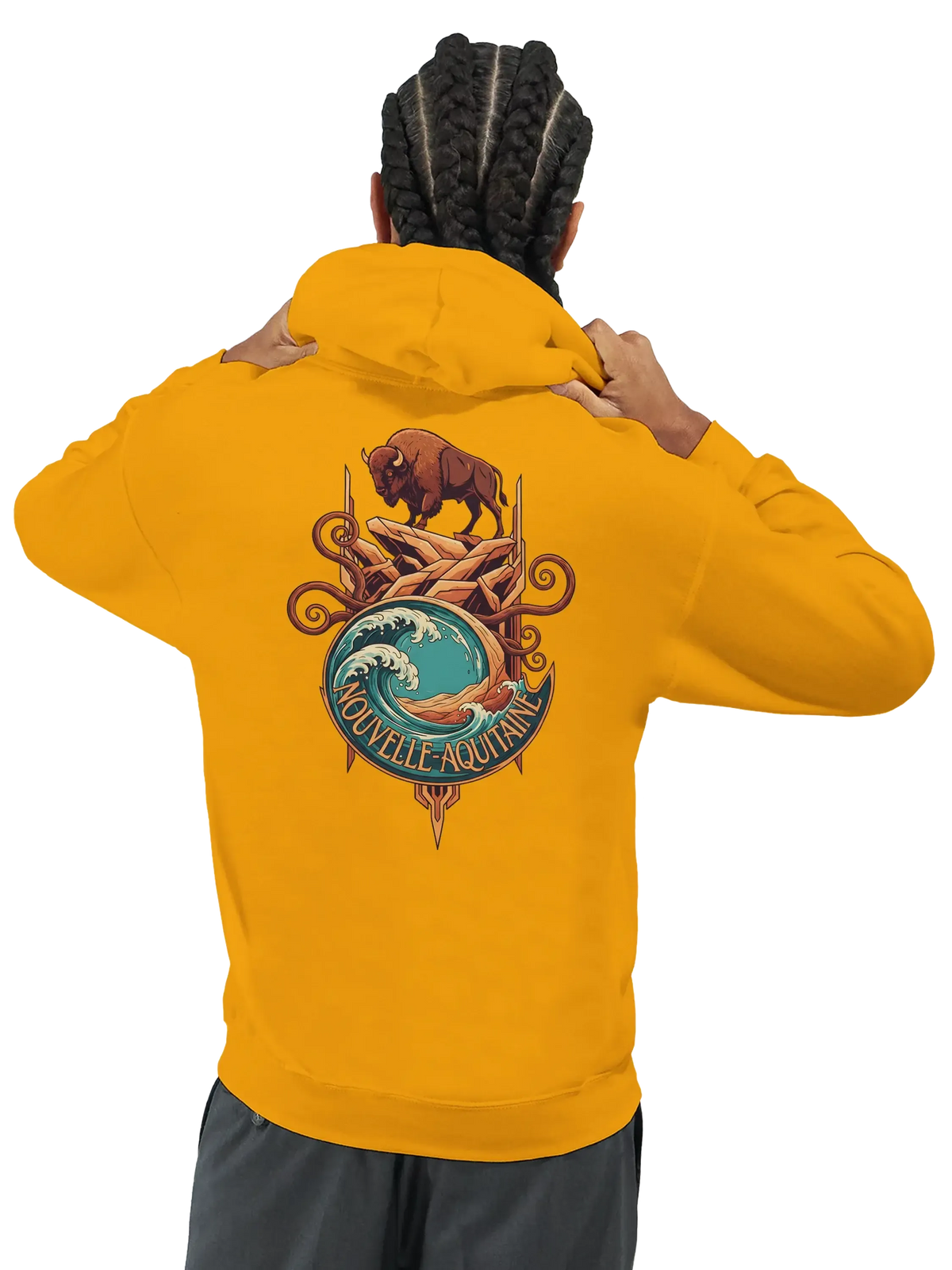 Homme portant un sweatshirt à capuche qualité supérieure France avec design Nouvelle-Aquitaine.