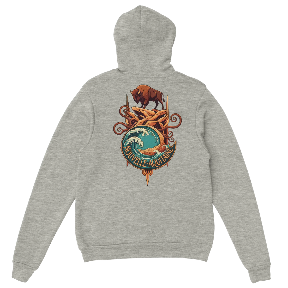 Sweatshirt à capuche qualité supérieure France avec design Nouvelle-Aquitaine et motifs régionalistes.