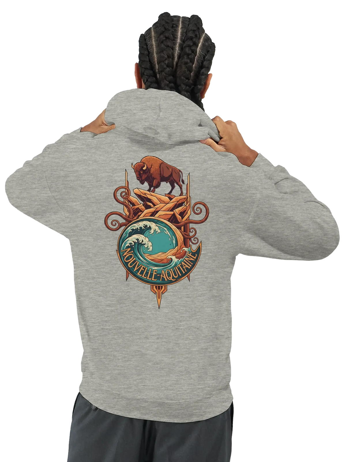 sweatshirt à capuche qualité supérieure France avec design Nouvelle-Aquitaine et motif de bison.