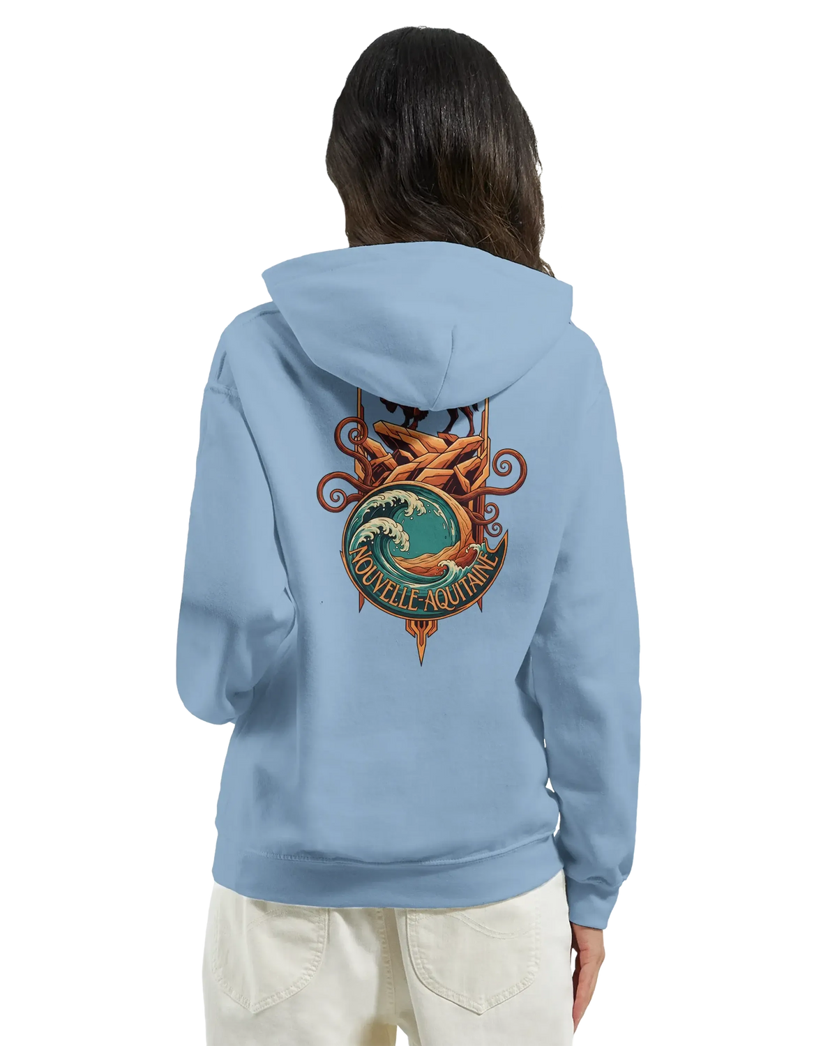 Sweatshirt à capuche qualité supérieure France avec design Nouvelle-Aquitaine au dos.