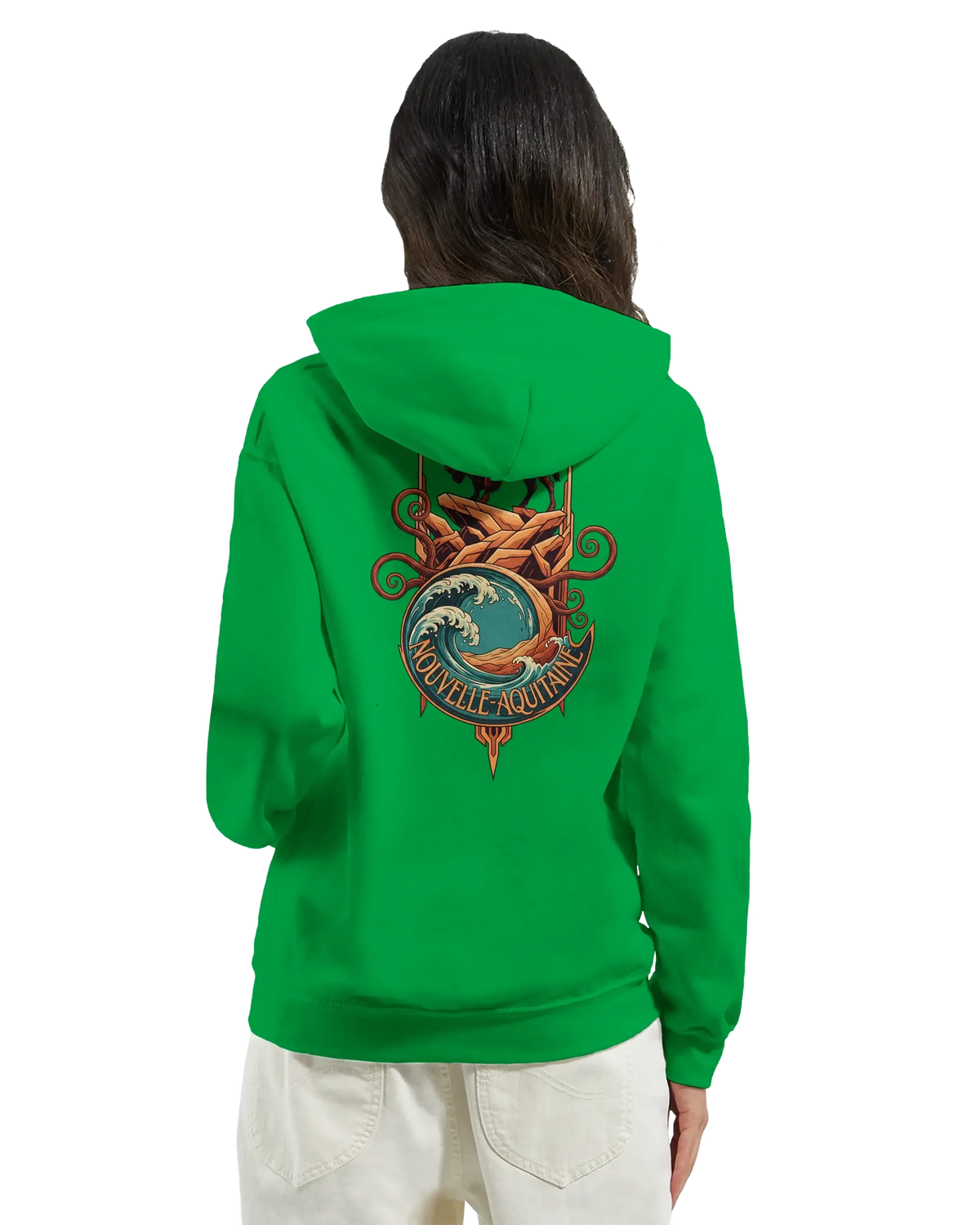 Sweatshirt à capuche qualité supérieure France en vert avec motif Nouvelle-Aquitaine à l'arrière.