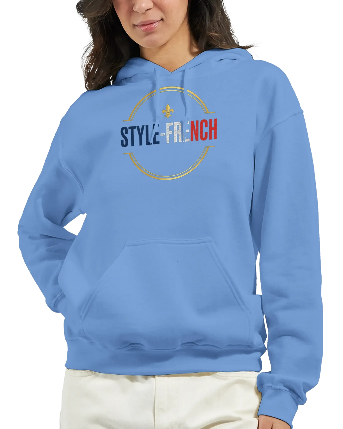 sweatshirt à capuche qualité supérieure France de couleur bleue avec le texte STYLE-FRENCH