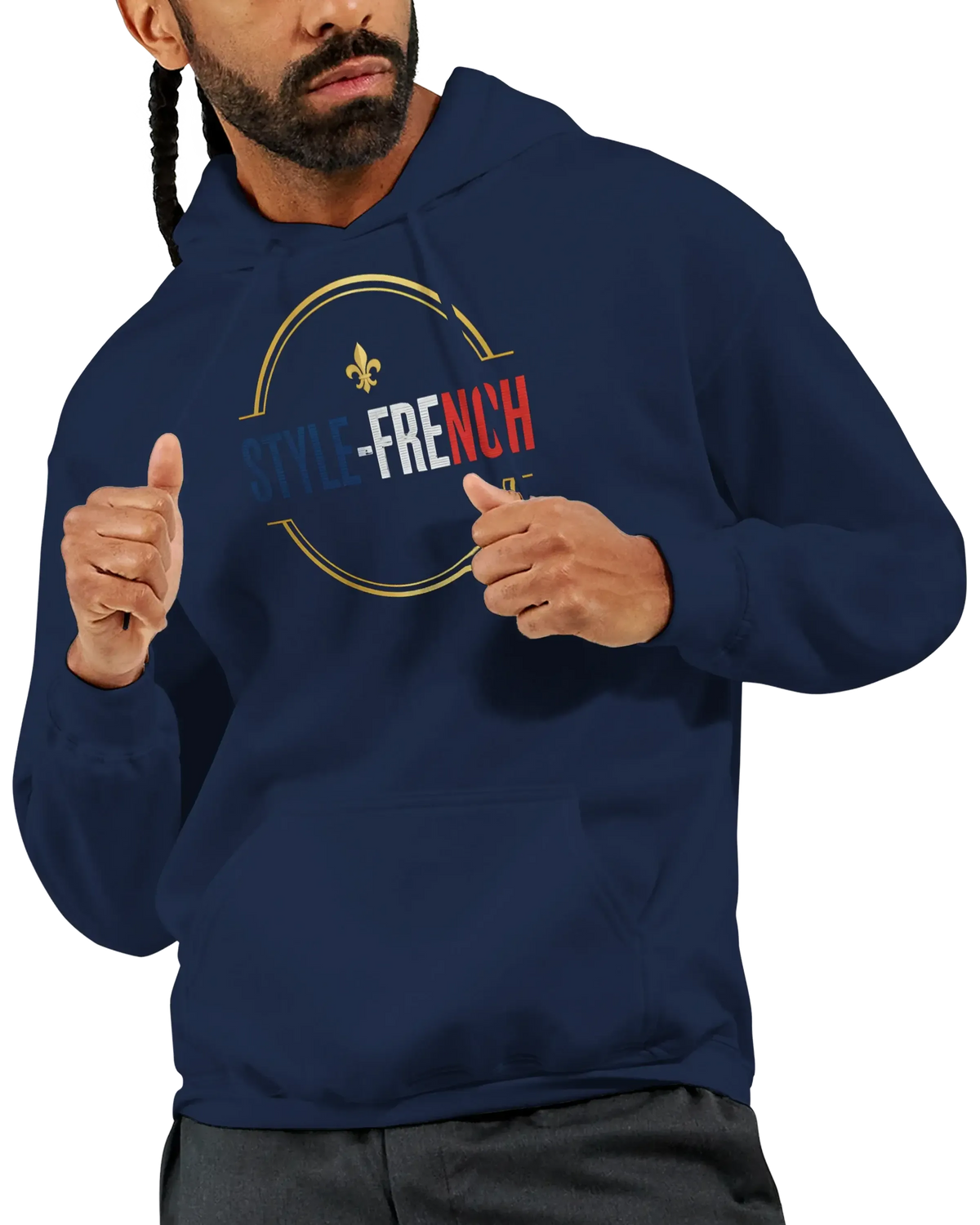 sweatshirt à capuche qualité supérieure France avec design Style-French, couleur bleu marine, porté par un homme.