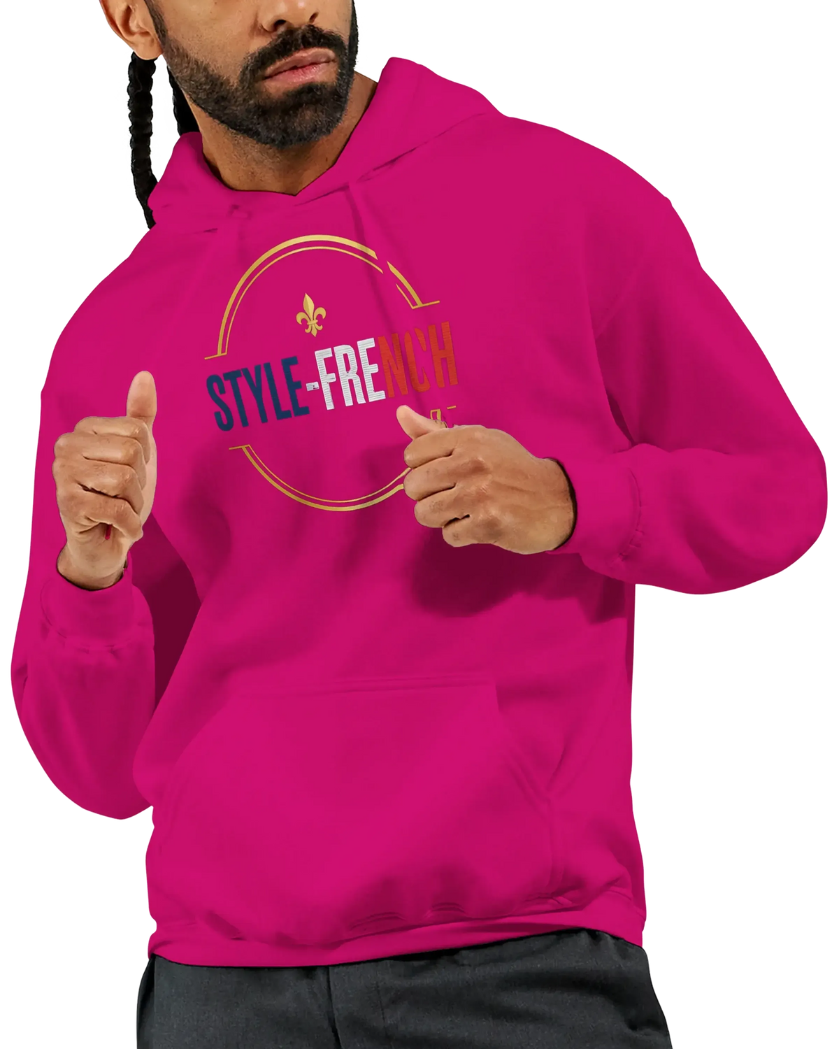 sweatshirt à capuche qualité supérieure France en rose avec motif STYLE-FRENCH sur le devant